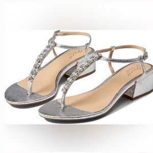 Badgley Mischka Silver Jeweled T-Strap Low Heel Sandals
